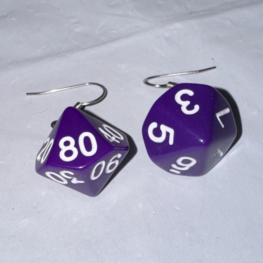 Purple Polyhedral Dice Dangle/Drop Earrings Plastic Silver French Wire Hooks