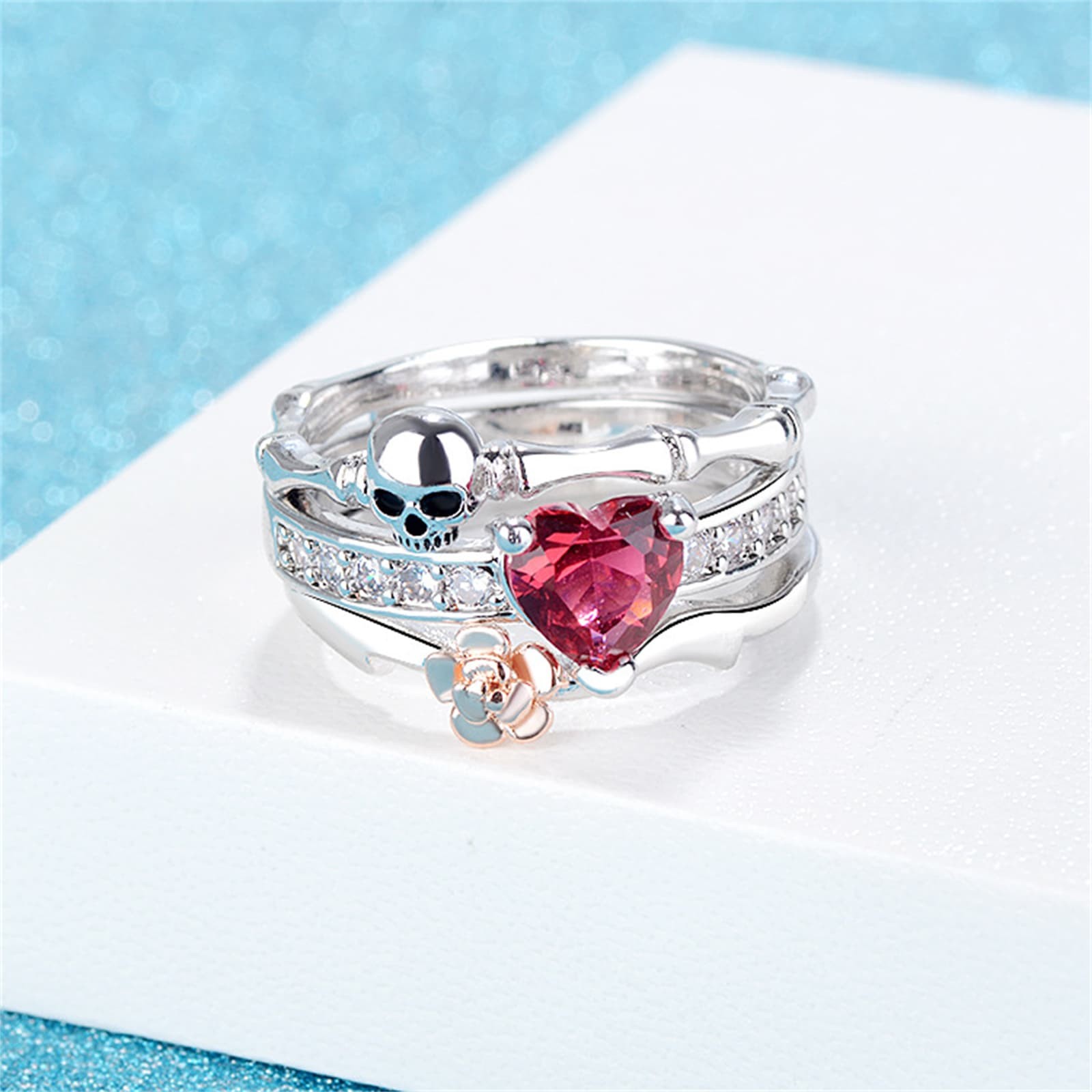3-in-1 Women Gothic Punk Skull Cube Zirconia Ring Stainless Steel Stackable Ring