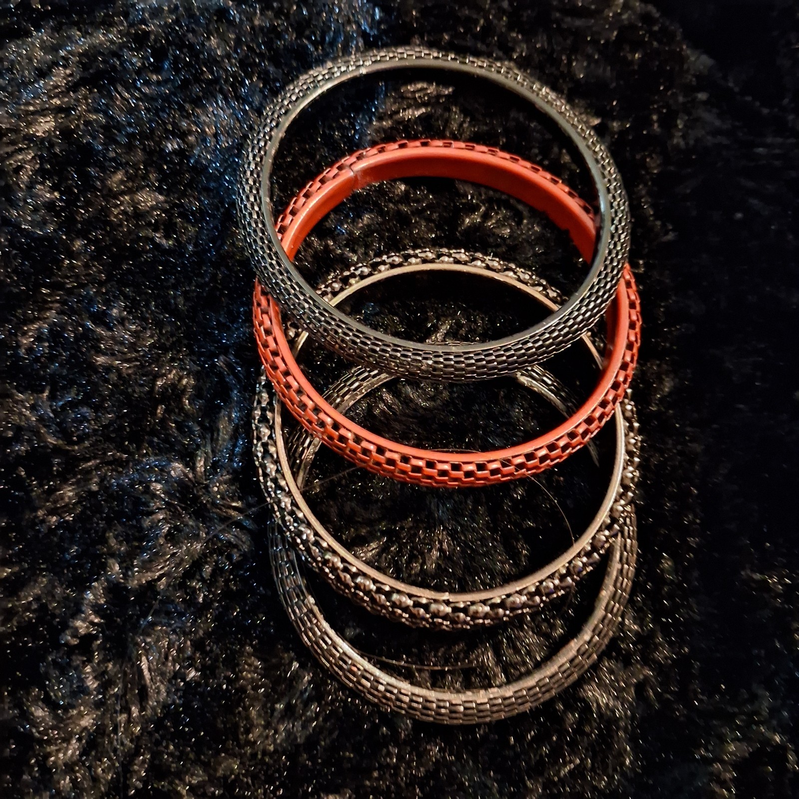 Textured Woven Mesh Bangle Bracelet Lot, Black Red Gray, No Stone
