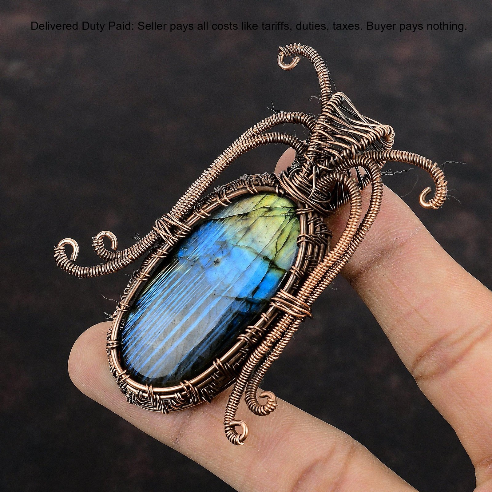 Copper Third Eye Chakra Labradorite Gemstone Unique Wire Wrapped Pendant Jewelry