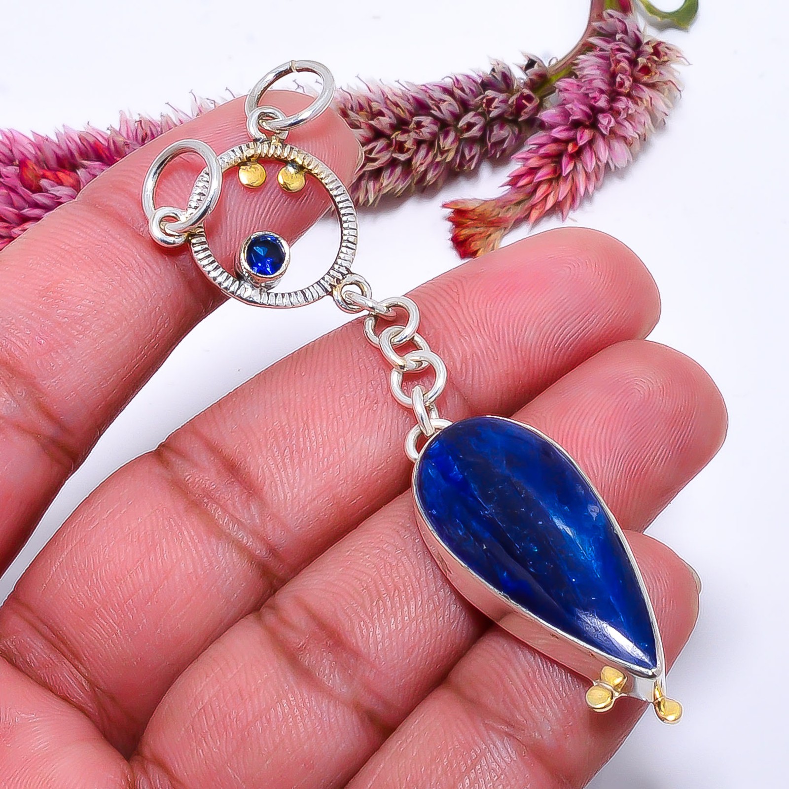 Kyanite – Nepal 925 Solid Silver Desiner Two Tone Pendant 3.04″ P1037111465