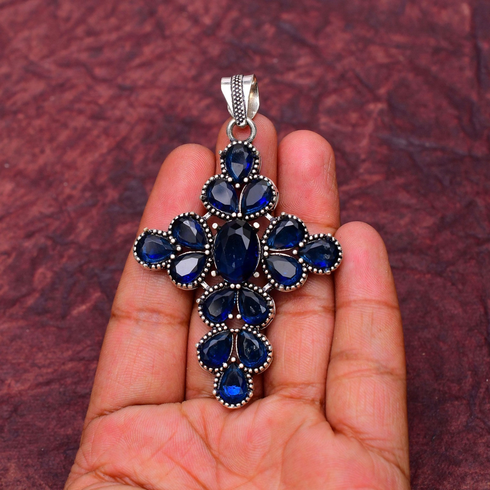 Blue Sapphire Gemstone 925 sterling silver Handmade Cross Pendant jewelry 2.75″