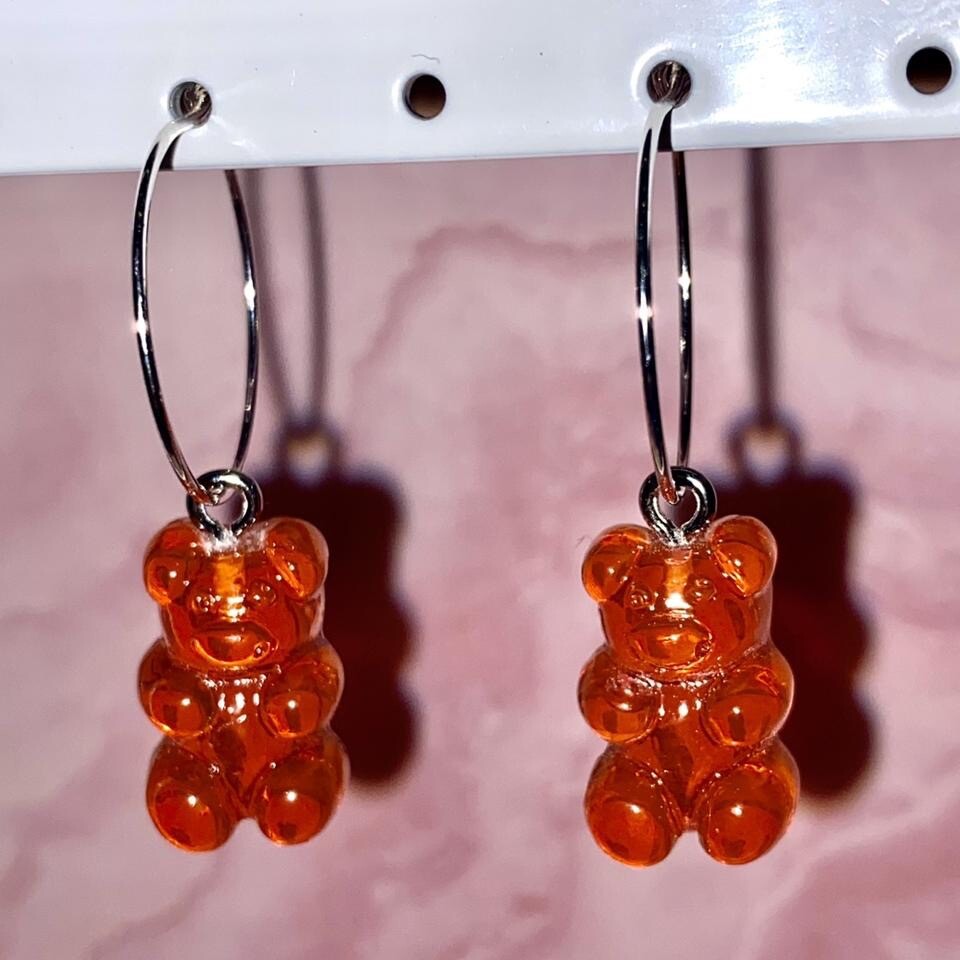 Gummy bear earrings with silver plated hoops or hooks red blue pink white black