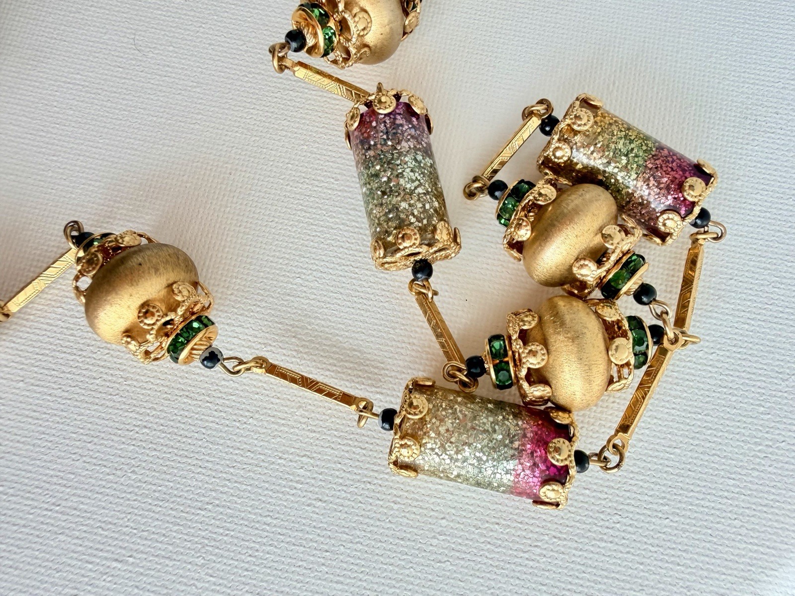 Vintage Vendome Necklace Gold Tone Pink Green Glitter Beads Signed