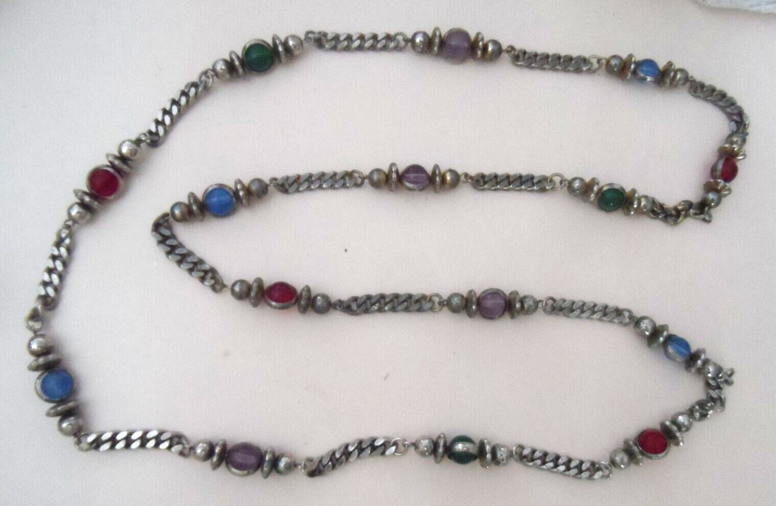 Vintage Necklace – ANTIQUE SILVERTONE CHAIN w/METAL AND MULTI-COLOR BEADS – 37″