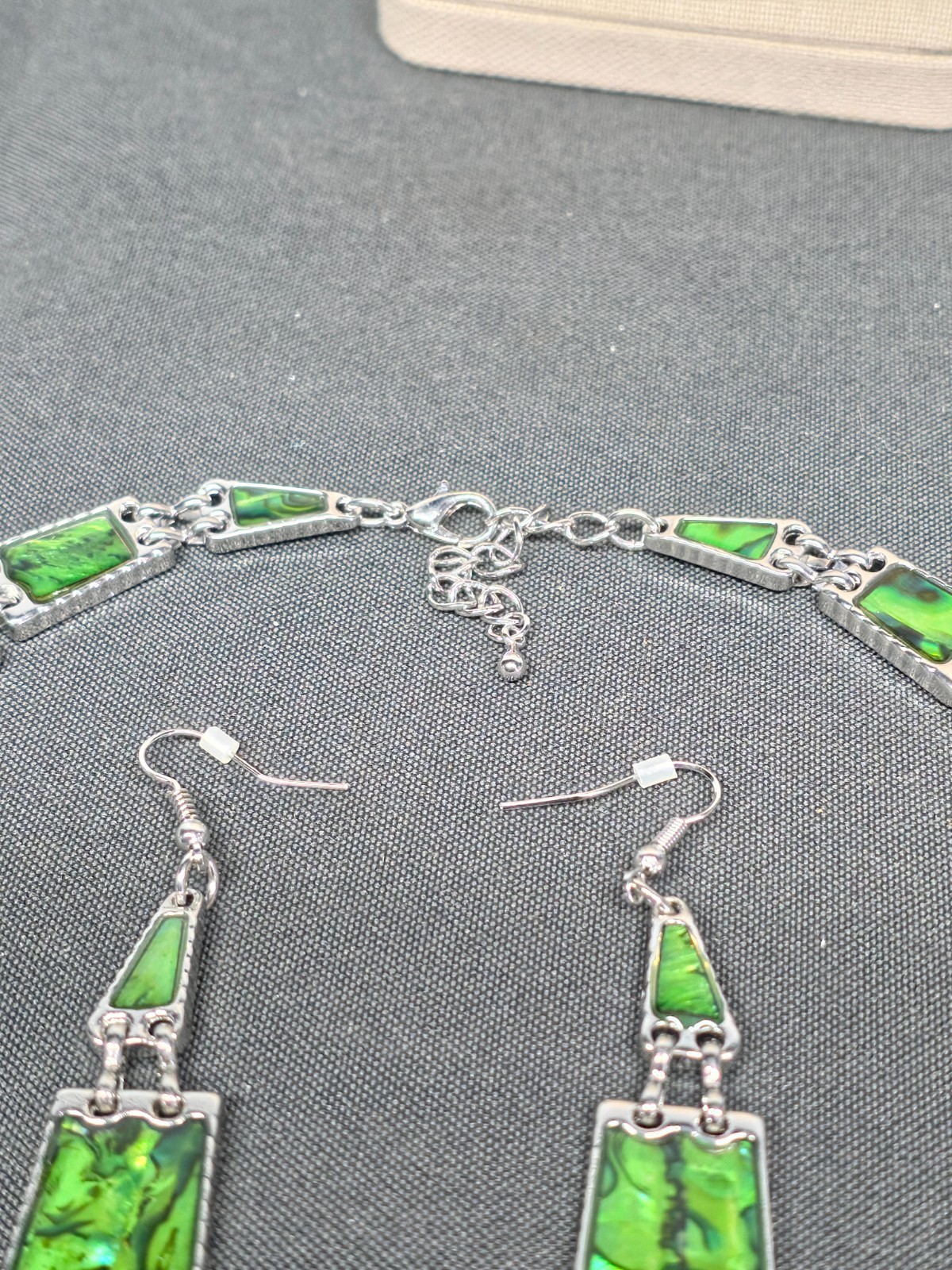 Artisan Abalone Shell Necklace Earring Set Silver Tone Rectangle Mosaic 16-18″
