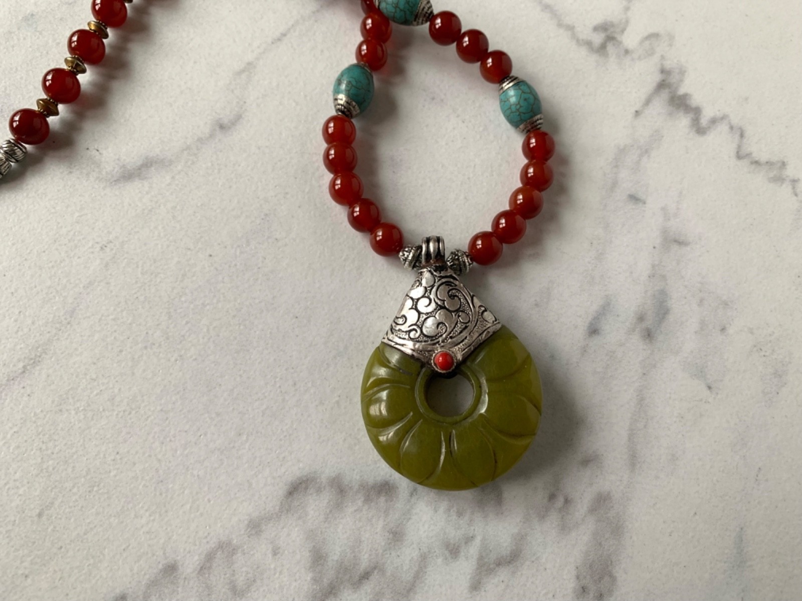 Tibetan Silver Green Jade Amulet and Carnelian 21″ Necklace 30