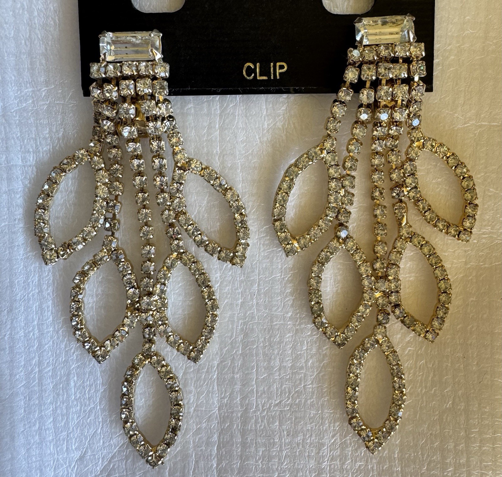 Vintage Rhinestone Chandelier Clip Earrings Bridal Prom NOS 1960s VTG Retro
