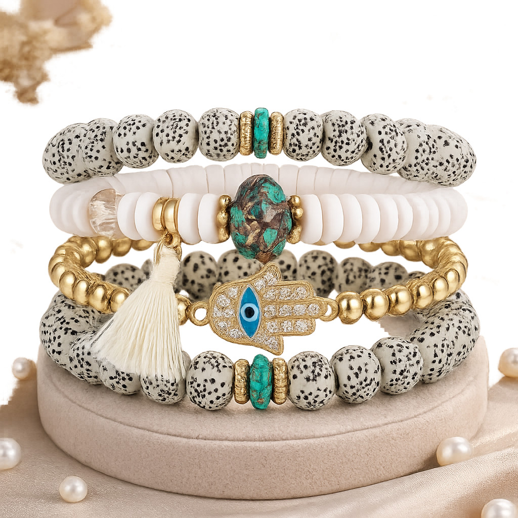 4-Piece Hamsa Hand & Evil Eye Bracelet Set Dalmatian Jasper Turquoise Gift