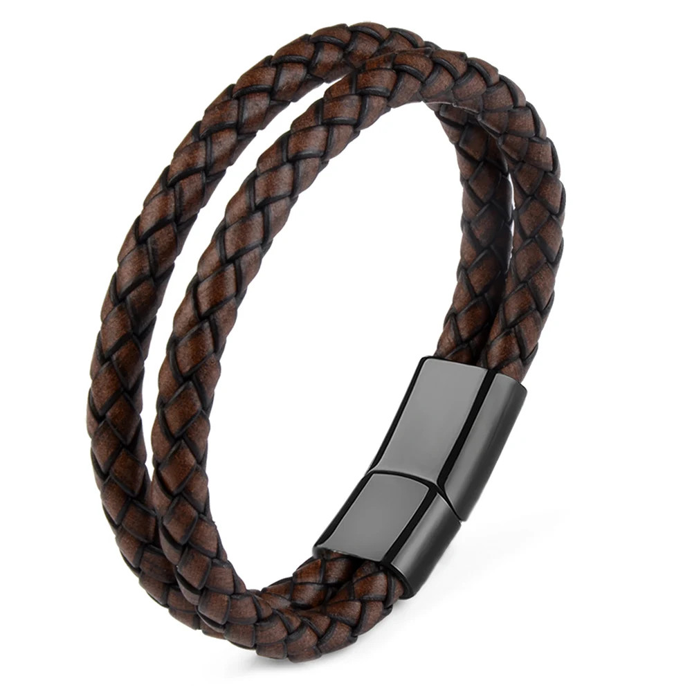 Genuine Leather Double Rope Braid Bracelet For Men Multicolor Choice