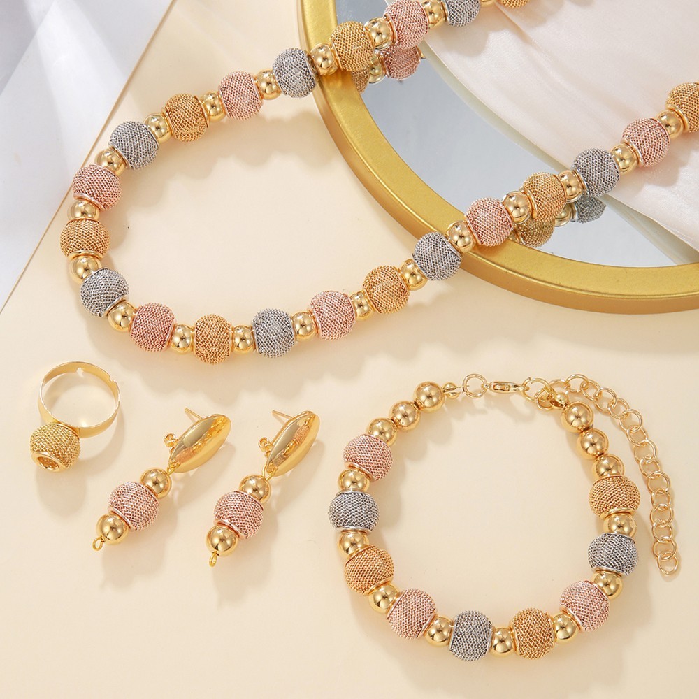 Gold Tone Mesh Ball Jewelry Set – Necklace, Bracelet, Earrings & Ring Set womens