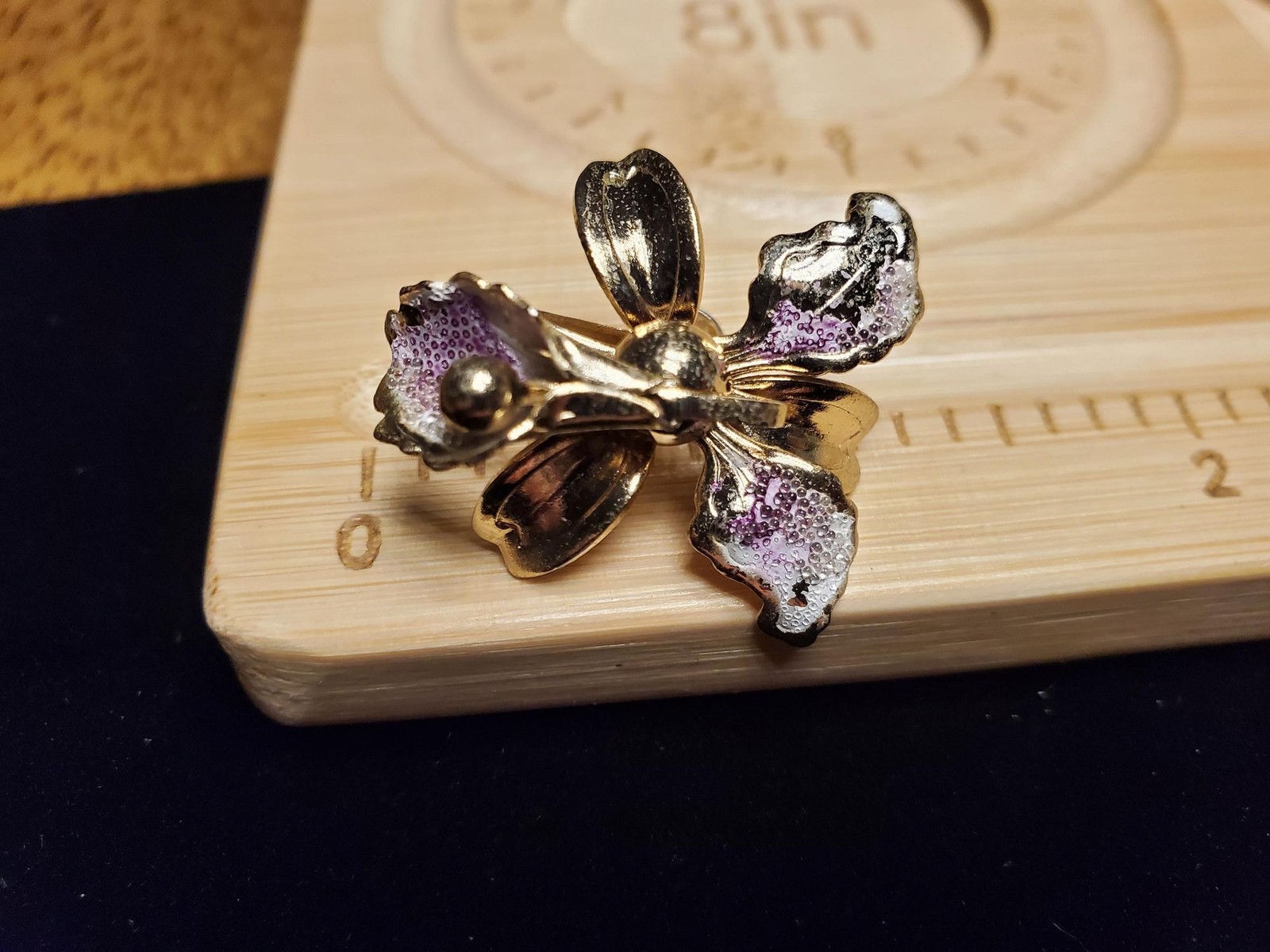 Vintage Orchid Enamel Jewelry Set | Gold-Tone Brooch, Earrings | Lavender & Whit