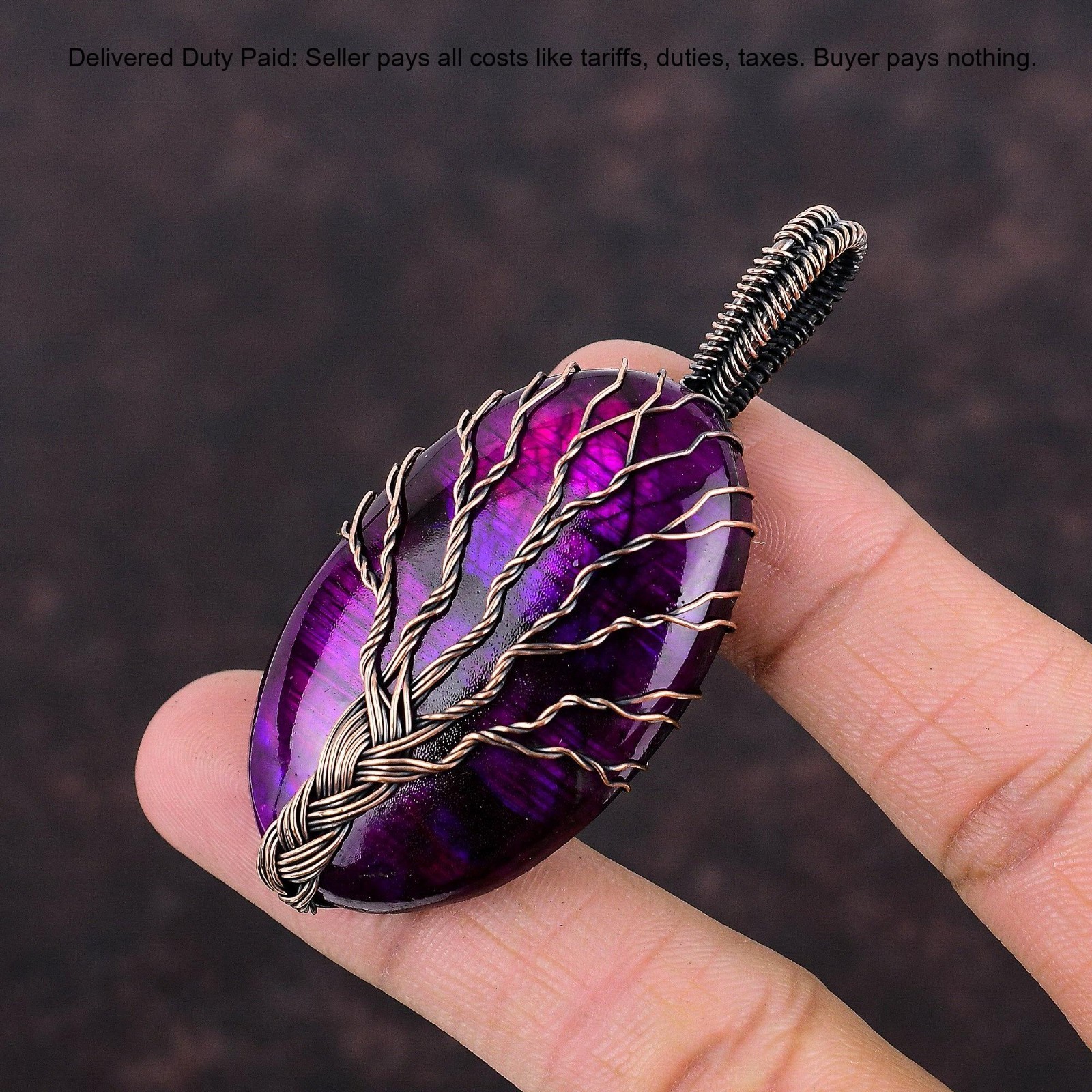 Natural Pink Fire Labradorite No Stone Copper Third Eye Chakra Pendant Jewelry