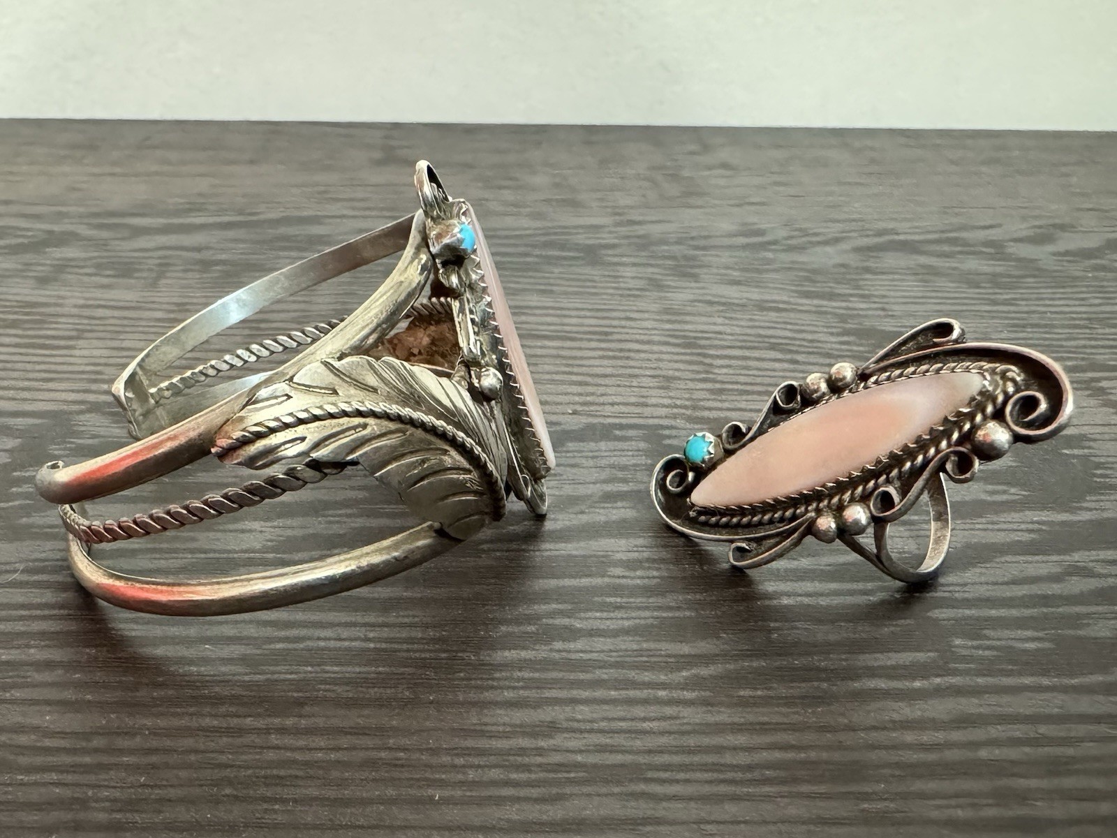 Vintage Native Sterling Silver Mother of Pearl & Turquoise Cuff and Ring Set