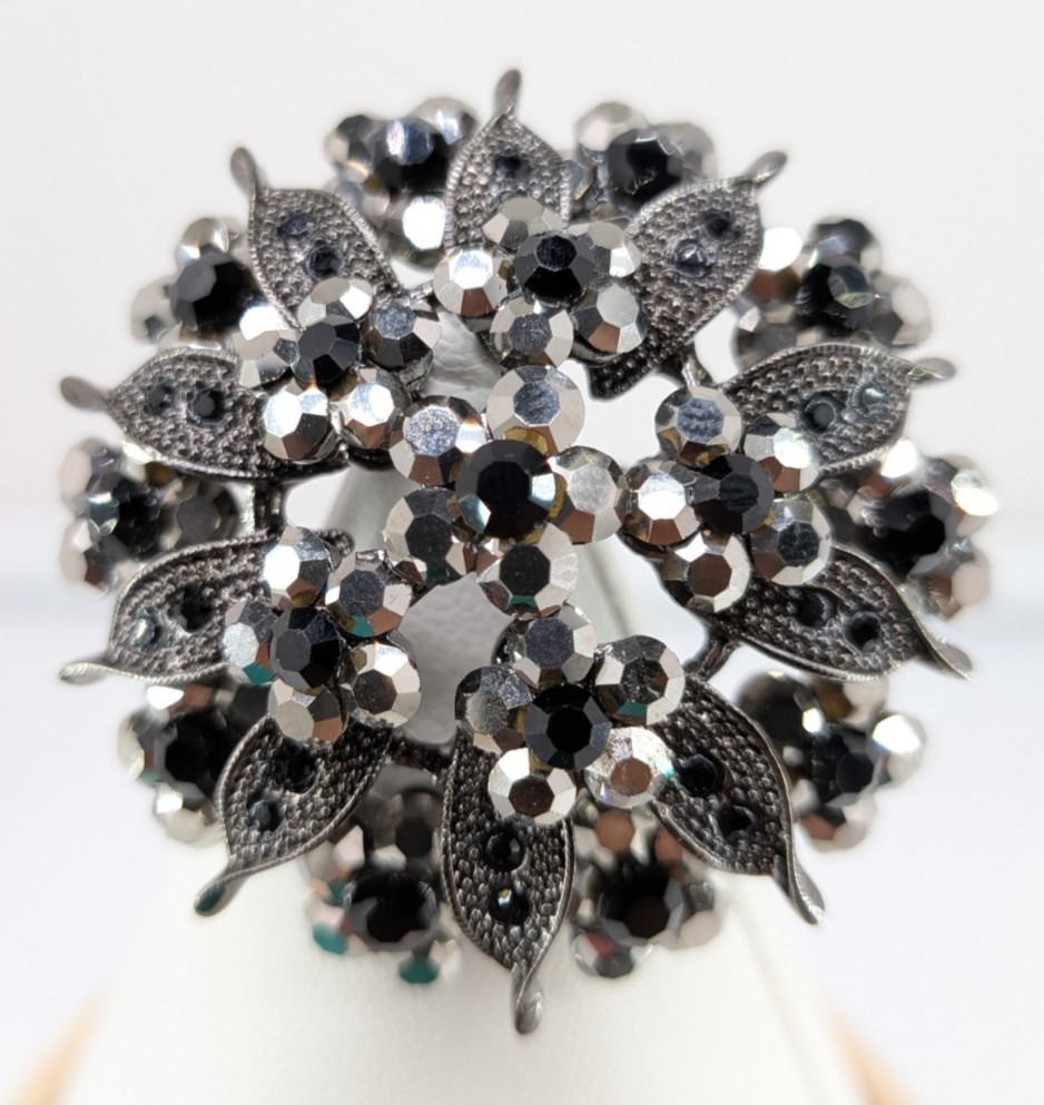Vintage Gunmetal Rhinestone Flower Brooch Pin Hematite Crystal Dome 2in 30g