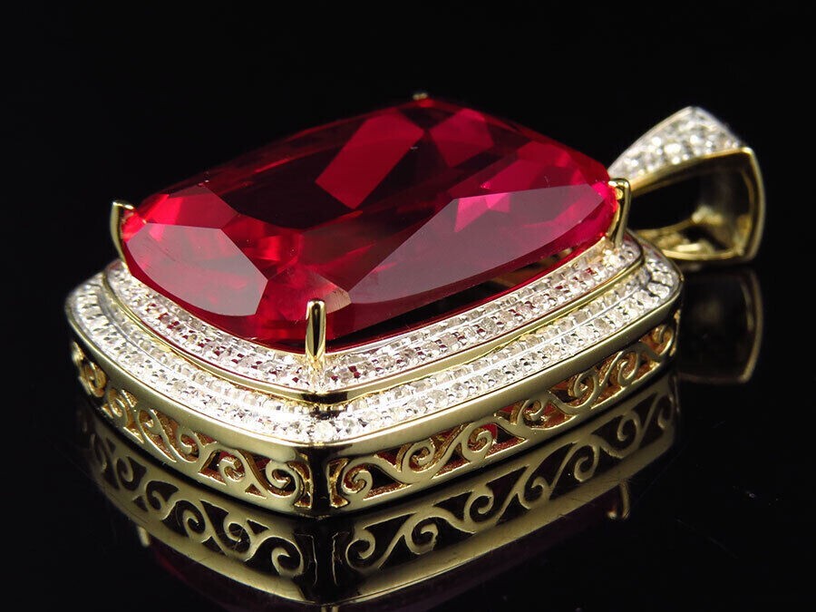 Cushion Simulated Red Ruby Women’s Stunning Fancy Pendant 14K Yellow Gold Plated