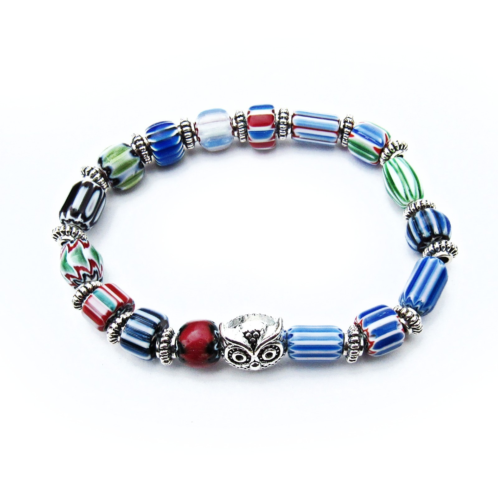 Mixed Chevron Glass Beaded Stretch Bracelet, 6 Inches, Pewter Owl, Multi Colors