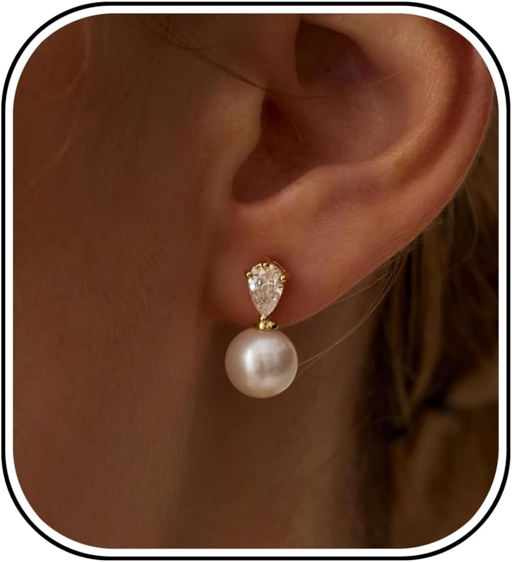 Pearl Earrings for Women,Dainty 14K Gold Plated Pearl Drop Earring Gold Bridal D