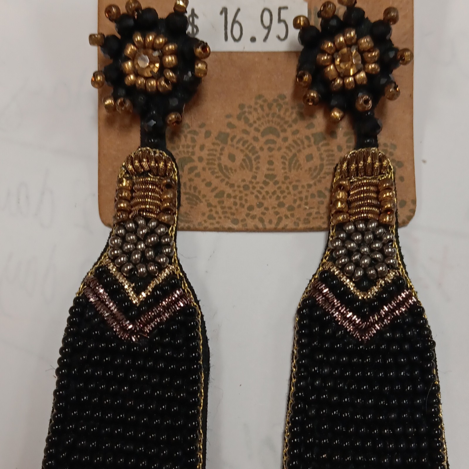 Black and Gold Beaded Champagne Bottle Dangle Earrings