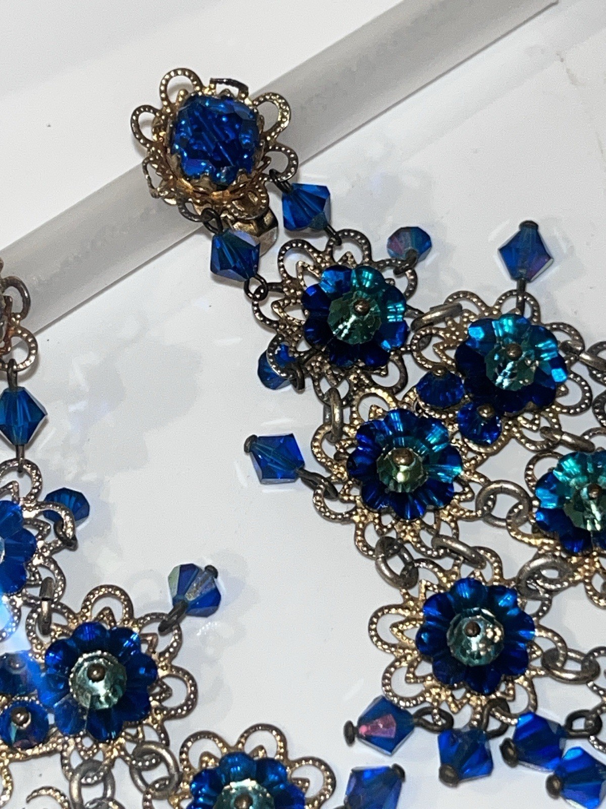 Vintage Signed IND ARG Blue Crystal Clip-On Chandelier Dangle Earrings,