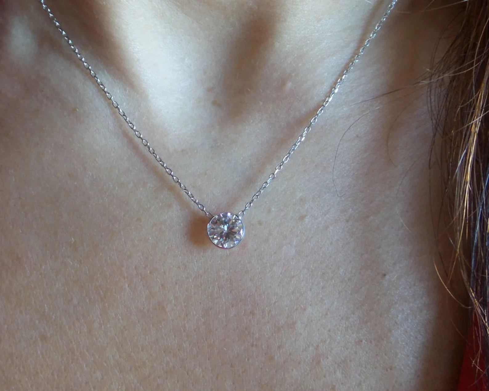 1.00 Ct Round EF VS Lab Grown Diamond Bezel Solitaire Necklace in 14K White Gold