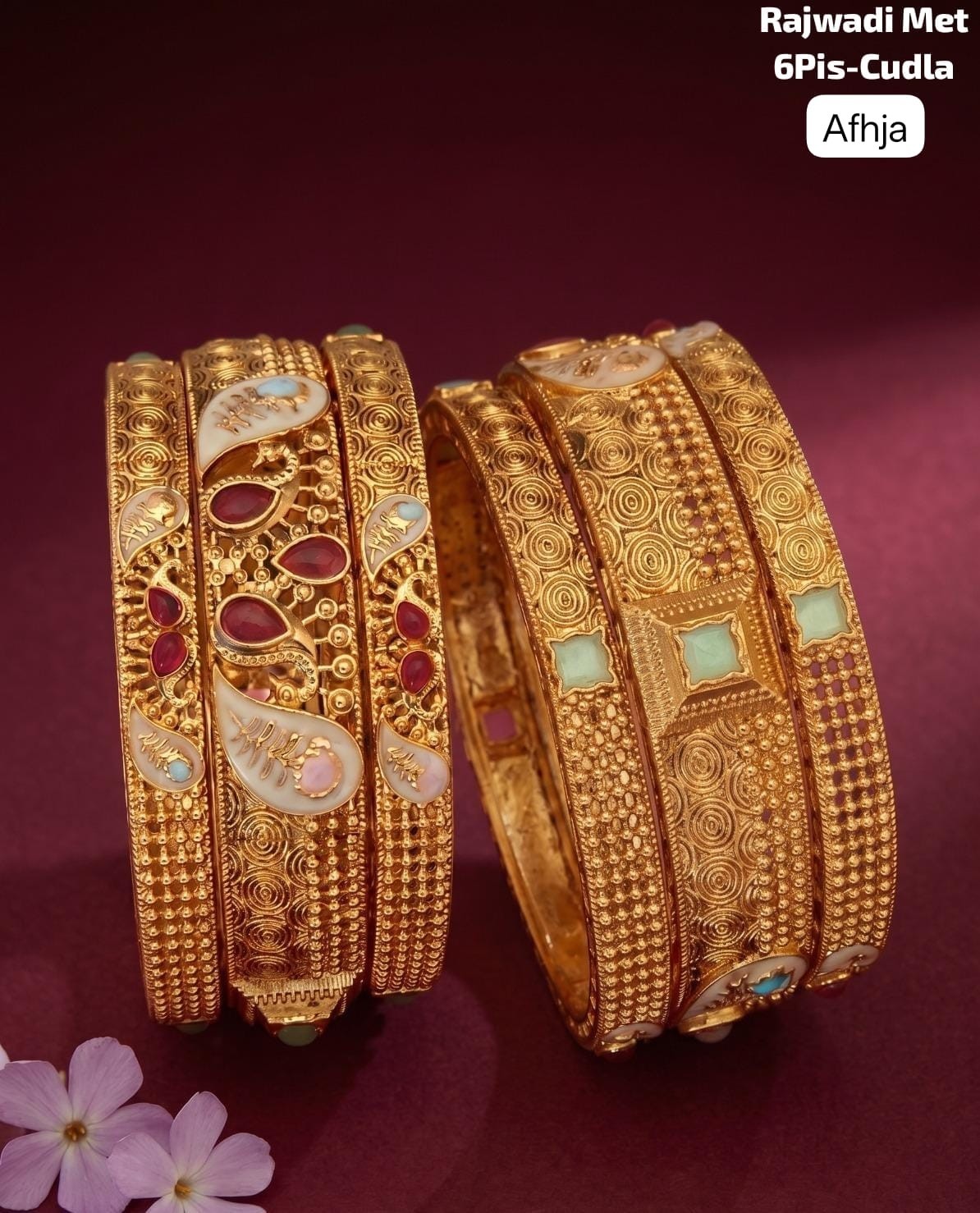 Premium Brass Rajwadi 6 Pcs Chudla Set – Traditional Designer Bangles (Sizes 2.4