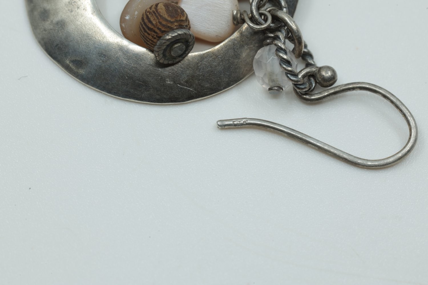 Silpada Sterling Silver Hammered Disc Drop Earrings Pearl Wood Quartz Boho