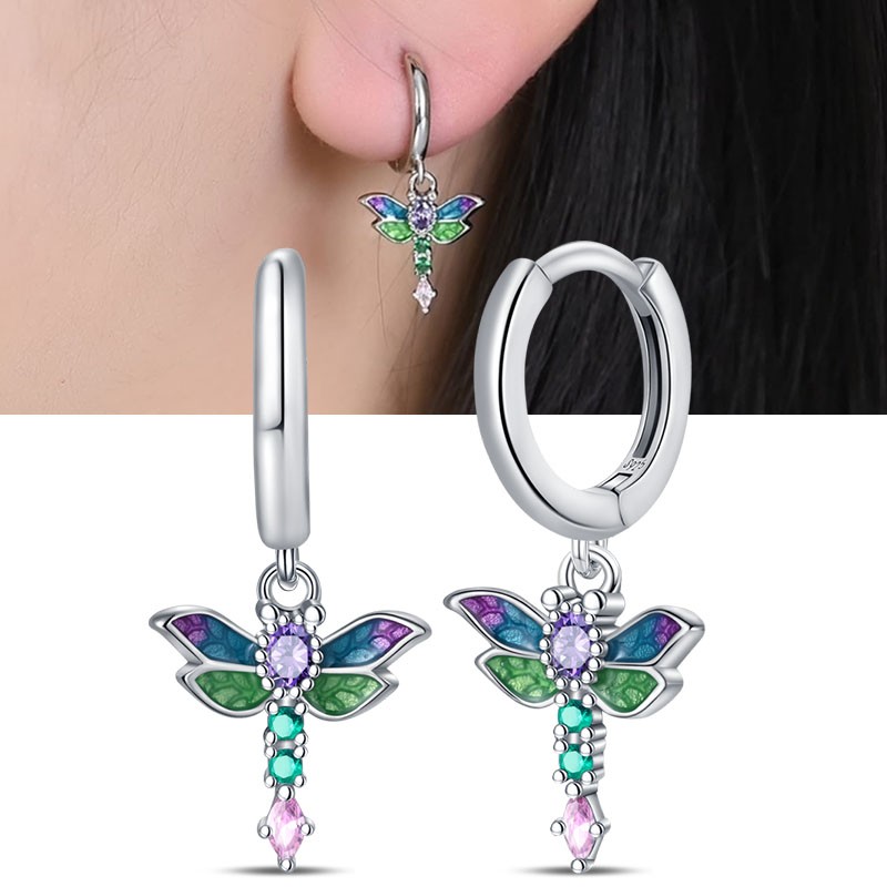 PANDACH 925 Sterling Silver Tiny Dragonfly Drop Earrings For Women Mini Hoops