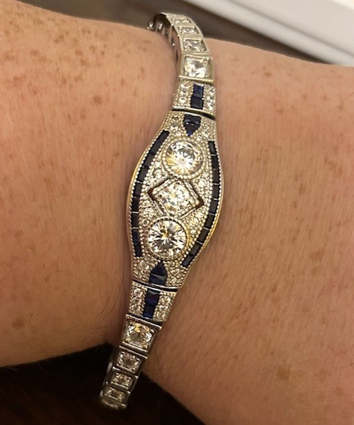 Silver Sapphire Blue CZ & Diamond CZ Art Deco Art Nouveau Inspired Bracelet NWT