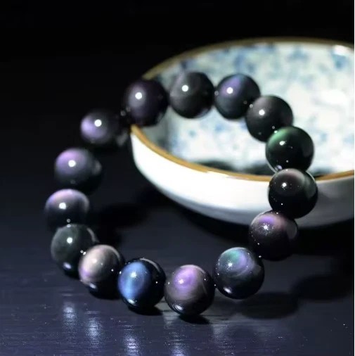 12mm Handmade Rainbow Obsidian Beaded Bracelet Love Reiki Unisex Gift Woman Man