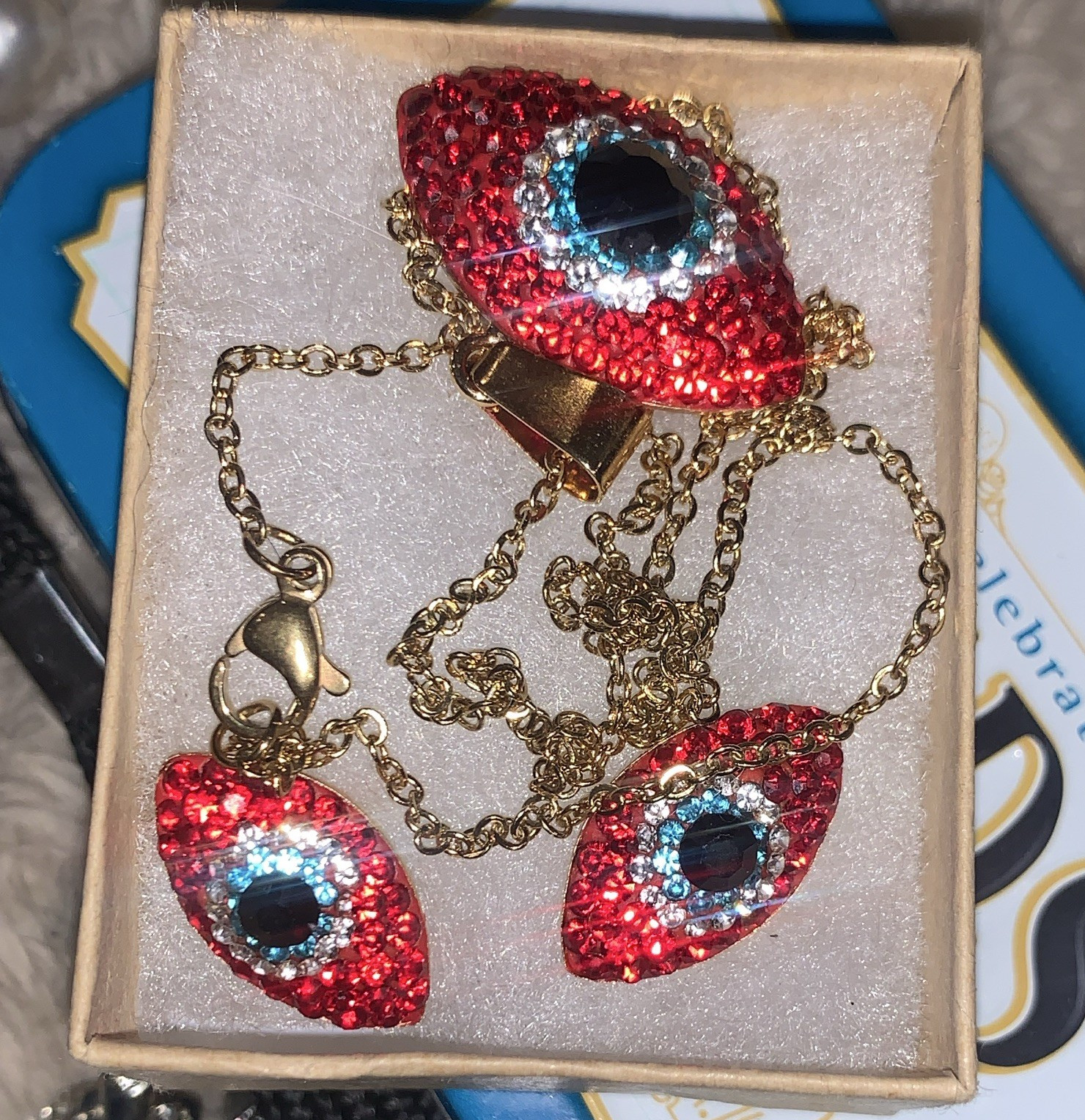 Evil Eye Crystal Jewelry Set Gold Tone Red/Blue Pendant Necklace & Earrings