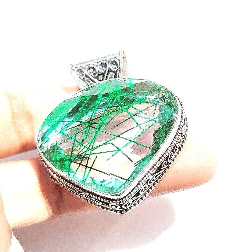 Green Rutialted Quartz Gemstone 925 Sterling Silver Handmade Jewelry Pendant