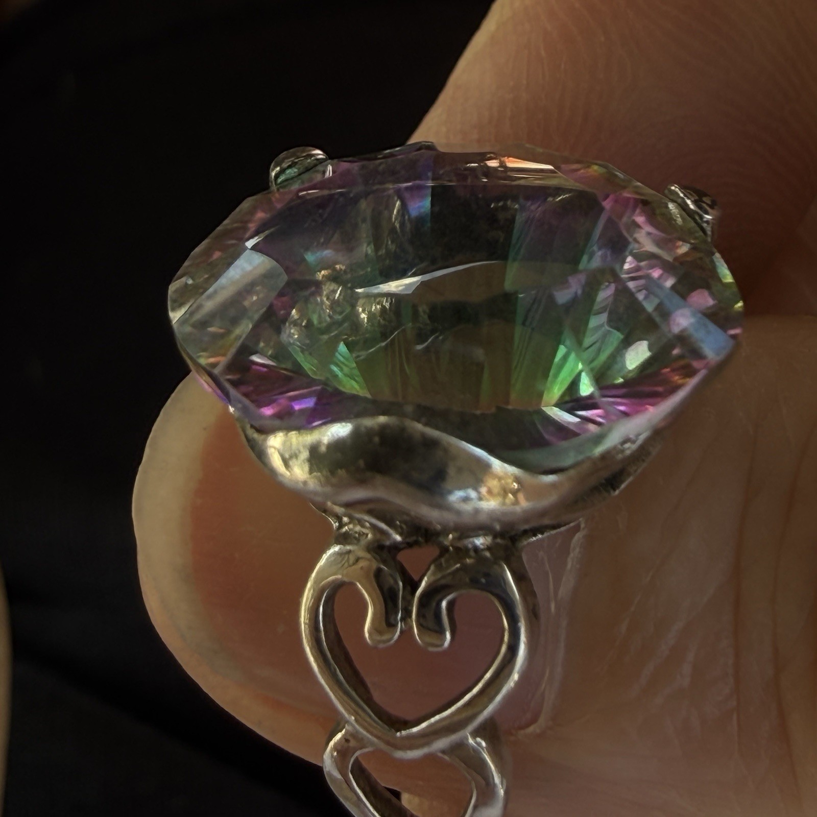 LUCCN Sterling Silver Floral Shank Large Oval Brilliant Mystic Topaz Ring Size 7