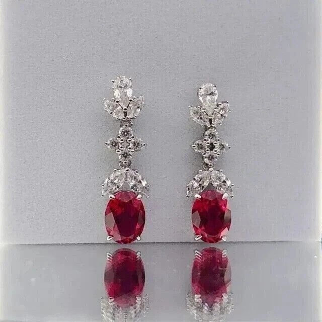 2.20Ct Oval Cut Simulated Red Ruby Drop/Dangle Earrings In 14K White Gold Plated