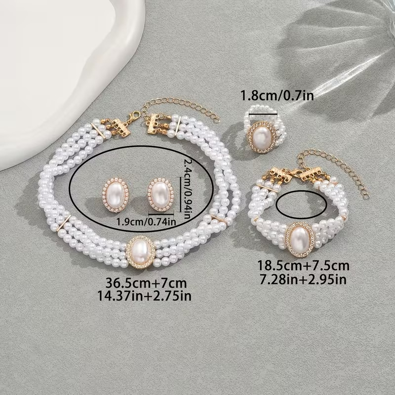 White Pearl Jewellery Set Necklace Bracelet Earrings Bridal Wedding Women Gift