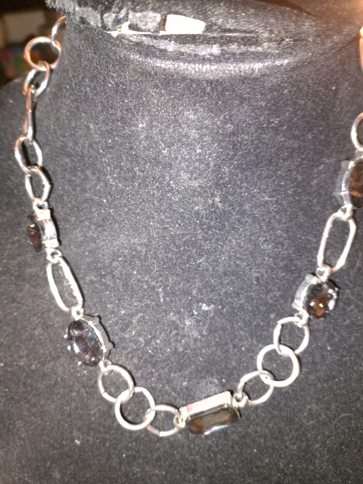 Silver Tone Station Cable Chain Necklace Bezel Set Round Gray Crystals