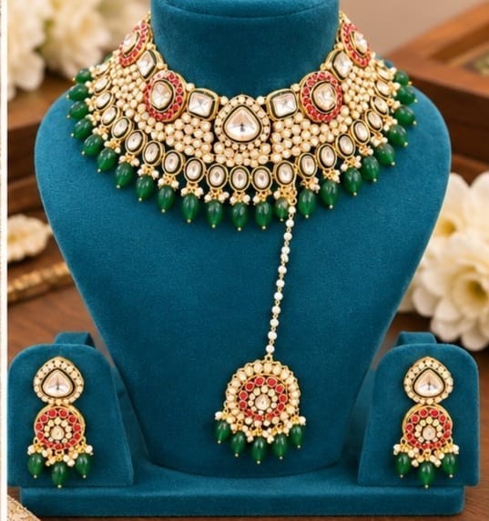 Traditional Kundan Pearl Choker Set Green Beads Earring With Tika for Women