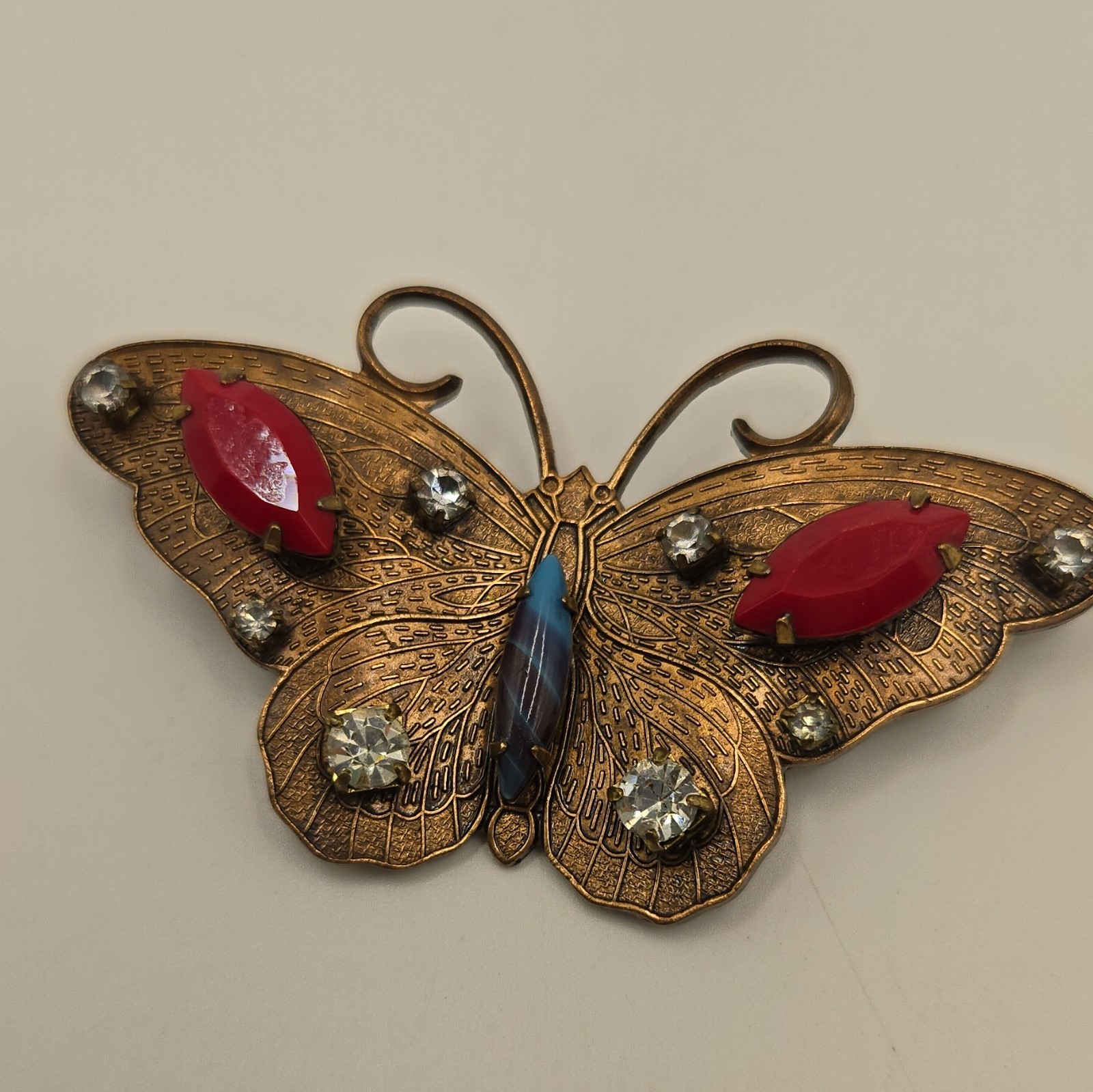 Cool Butterfly Brooch Pin Bronze Tone Red Blue Clear Rhinestone Crystal 2.5 in