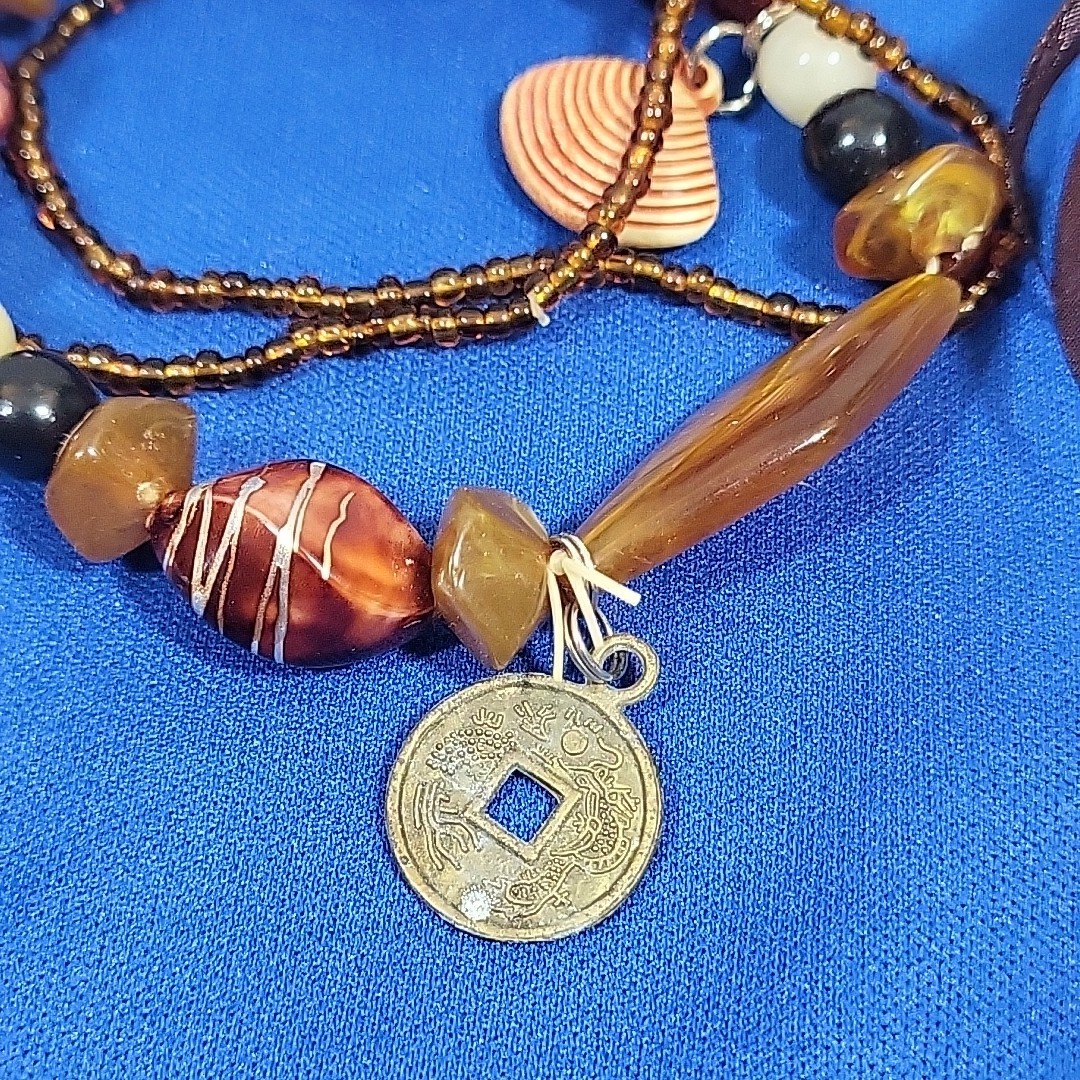 Boho Beaded Charm Bracelet Chinese Coins Slip-On Stackable