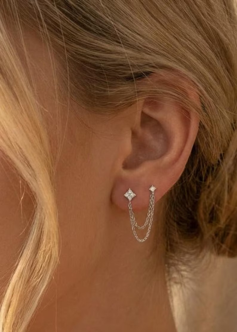 Double Chain Drop Earring 1 Ct Round Cut Simulated Diamond 14k White Gold Plated