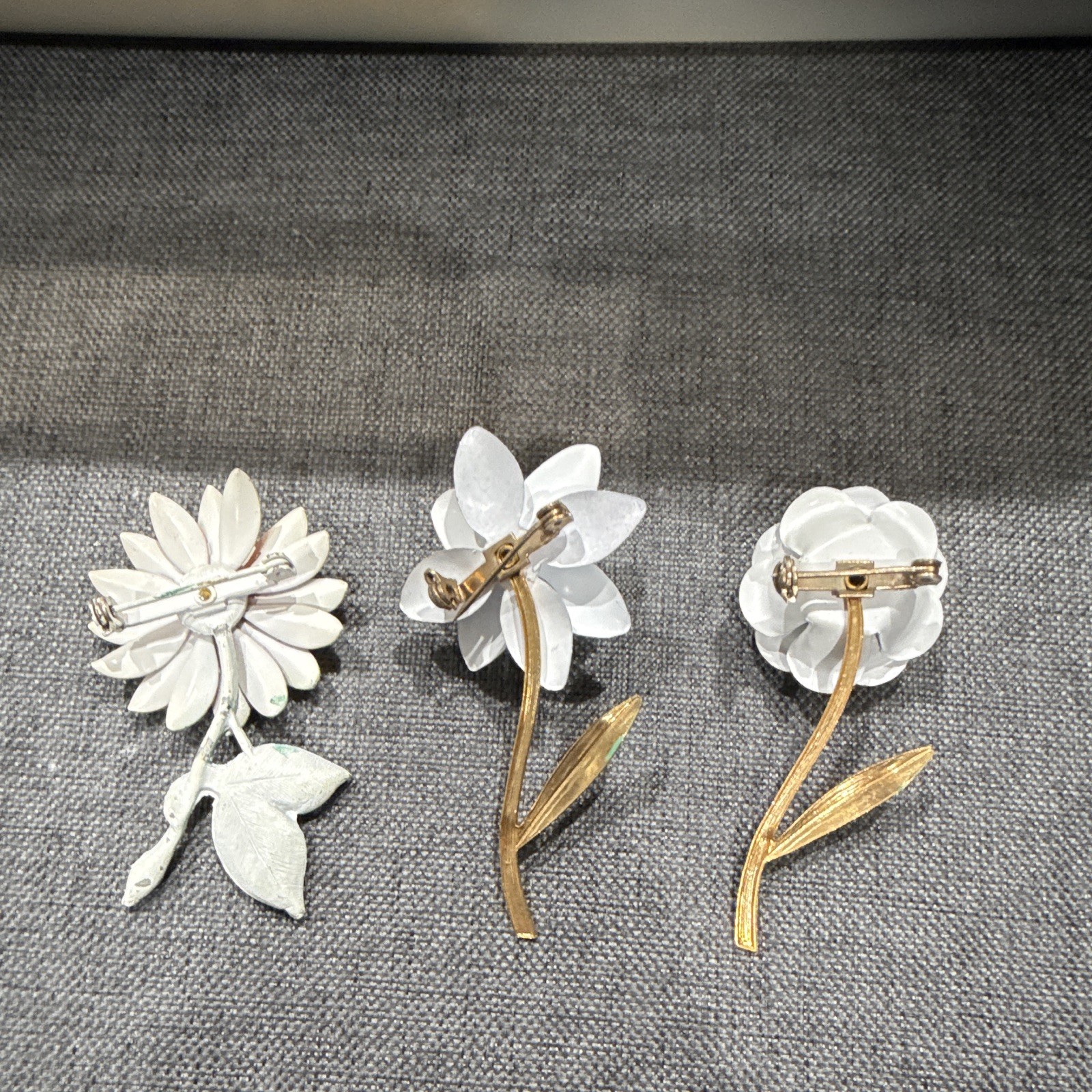 3pc Enamel Flower Brooch Pin Lot, Metal Clear Rhinestone, Yellow Blue White