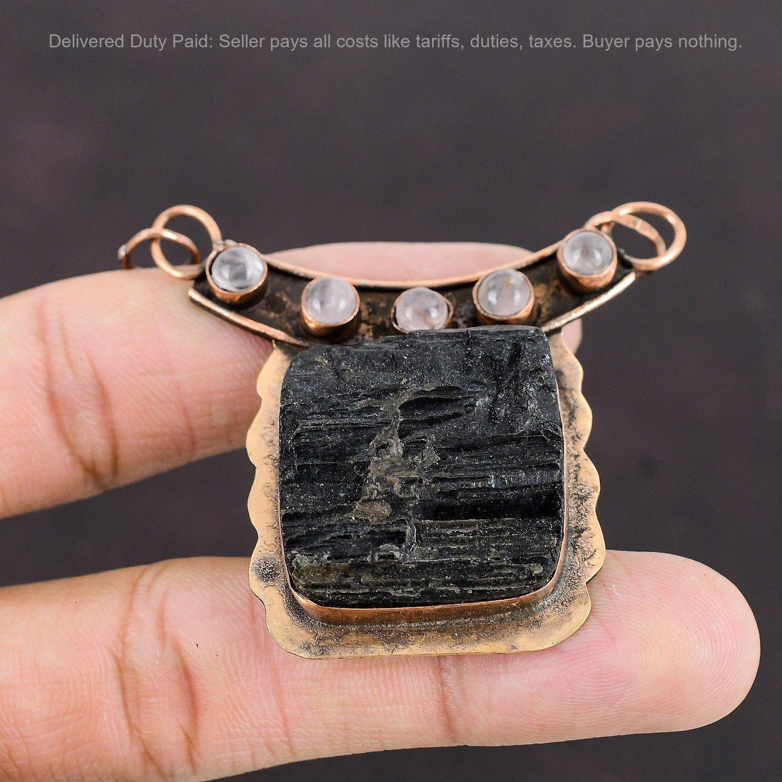New Year Sale Natural Black Tourmaline Rough Rose Quartz Pendant Jewelry Copper