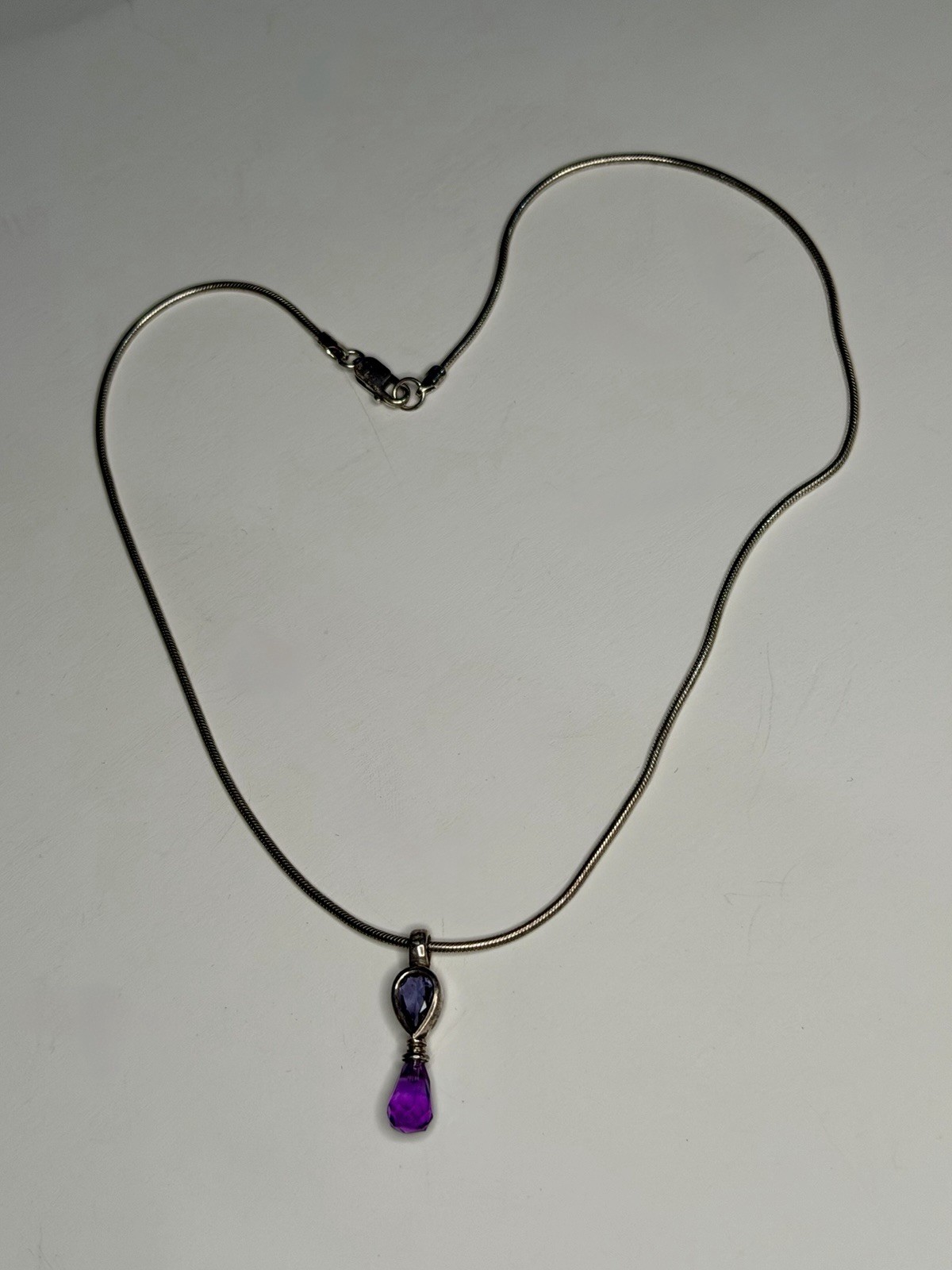 Silver Snake Chain Necklace 18″ Amethyst Teardrop Charm Pendant Crystal