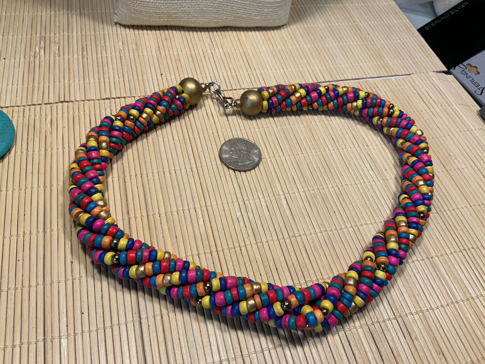 Ethnic Necklace Multi Color Wood Beaded Tube Choker Gold Tone Lot 103B