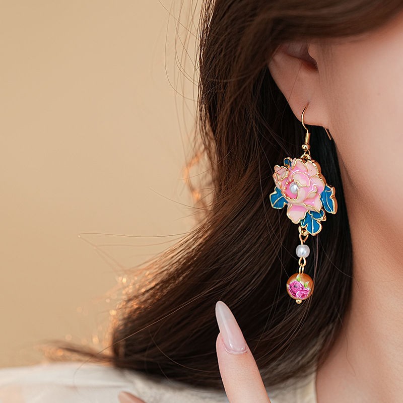 Chinese Style Enamel Painted Flower Pearl Tassel Earrings Vintage Jewelry