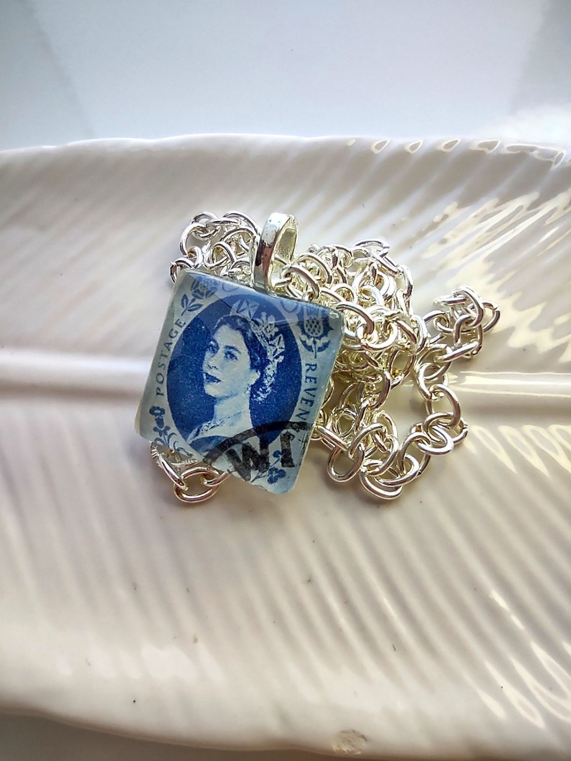 Handmade Authentic Postmarked Queen Elizabeth Postage Stamp Glass Tile Necklace