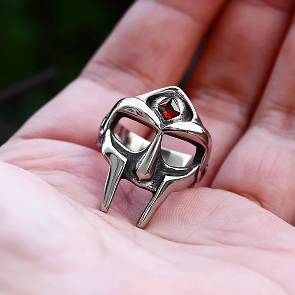Gothic Vintage MF DOOM Mask Ring Stainless Steel Red Stone Punk Biker Jewelry Me