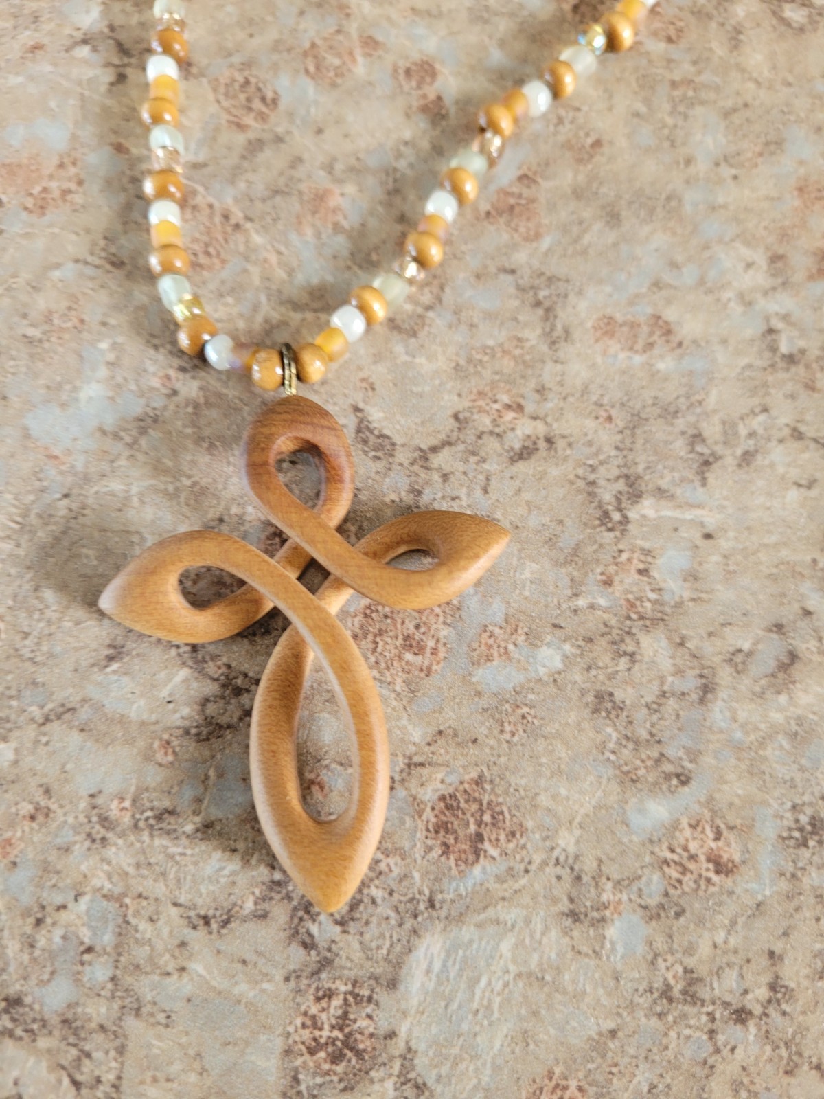 Handmade Tan & White Beaded Chain Wood Cross Pendant, Bangle Bracelet, Earrings