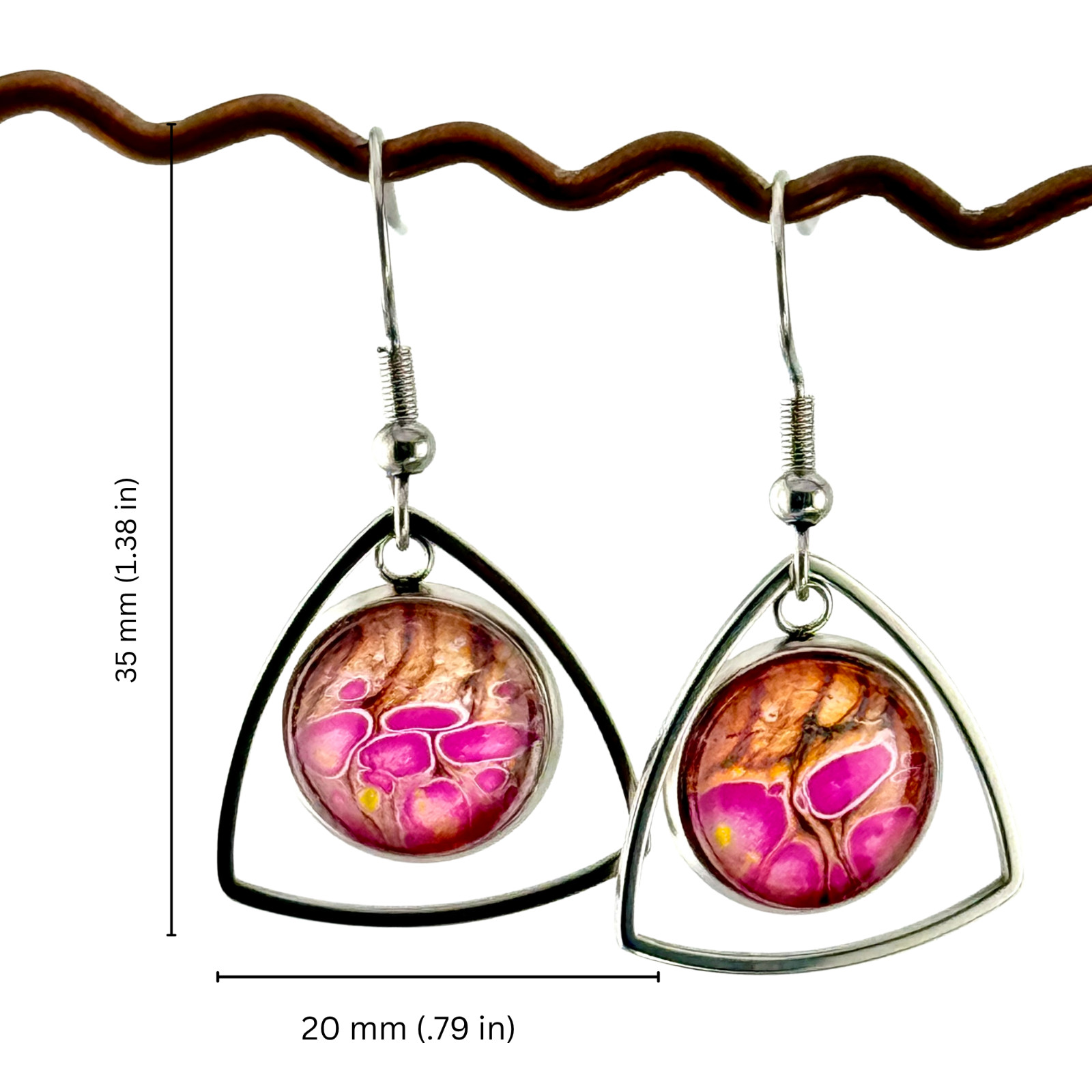 Dangle Earrings Handmade “Pink Bubbles Triangle” Sterling Silver French Earwires