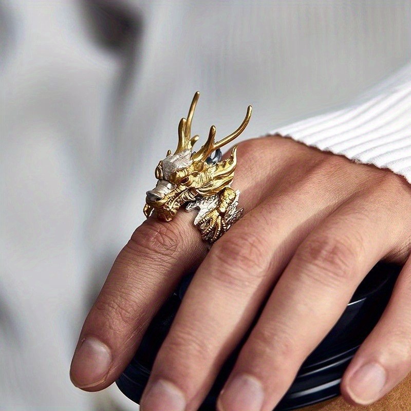 Vintage Style Chinese Style Dragon Adjustable Ring Men Open Finger Ring